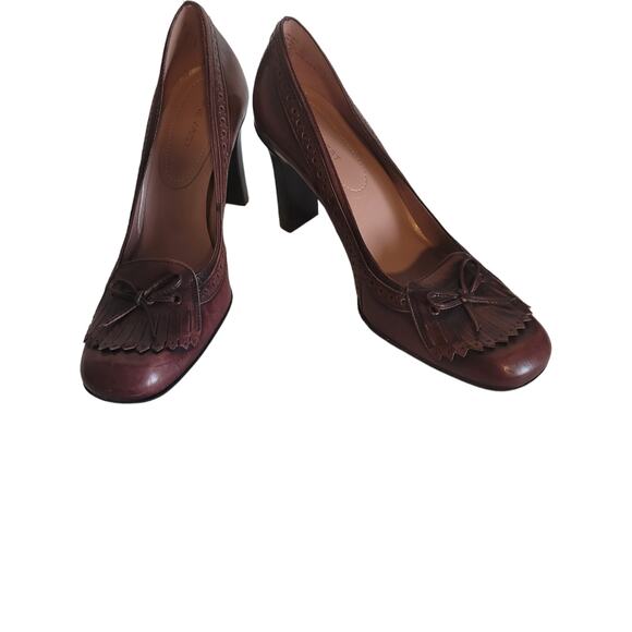 Nine West Women's Slip On Burgundy Leather Wingtip Brogue Chunky Heels Size: 9 - Picture 1 of 6
